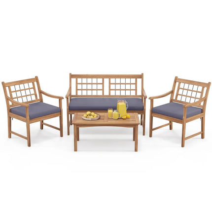 4 Piece Wood Patio Furniture with Armchairs Loveseat and Coffee Table-Gray - Gray - Patio Conversation Sets