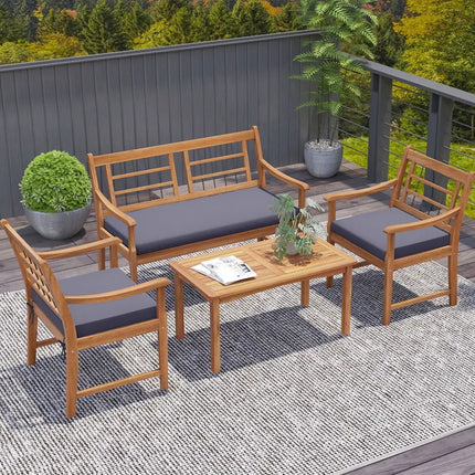 4 Piece Wood Patio Furniture with Armchairs Loveseat and Coffee Table-Gray - Gray - Patio Conversation Sets