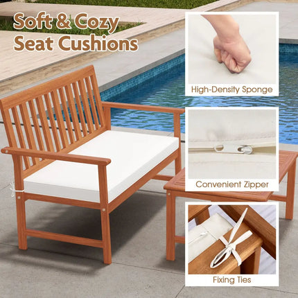 4 Pieces Acacia Wood Furniture Set with Seat Cushions and Robust Wood Frame-White - White - Patio Conversation Sets