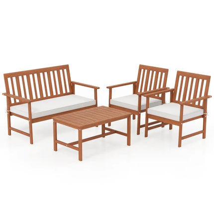4 Pieces Acacia Wood Furniture Set with Seat Cushions and Robust Wood Frame-White - White - Patio Conversation Sets