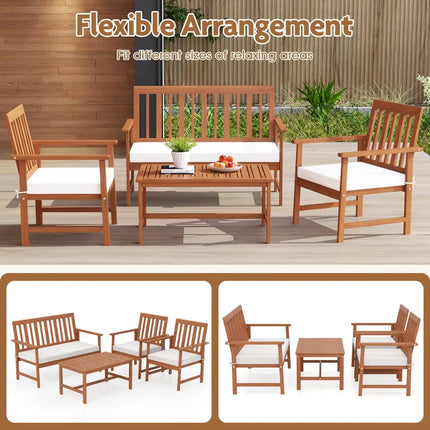 4 Pieces Acacia Wood Furniture Set with Seat Cushions and Robust Wood Frame-White - White - Patio Conversation Sets