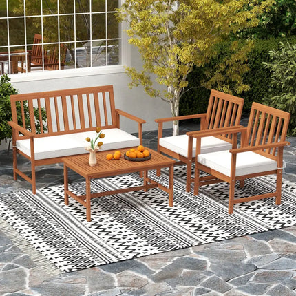 4 Pieces Acacia Wood Furniture Set with Seat Cushions and Robust Wood Frame-White - White - Patio Conversation Sets
