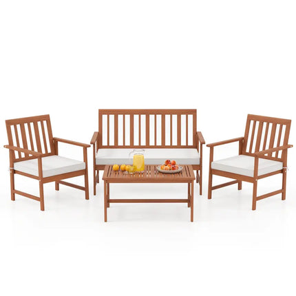 4 Pieces Acacia Wood Furniture Set with Seat Cushions and Robust Wood Frame-White - White - Patio Conversation Sets