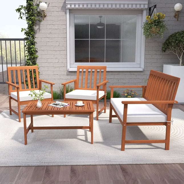 4 Pieces Acacia Wood Furniture Set with Seat Cushions and Robust Wood Frame-White - White - Patio Conversation Sets