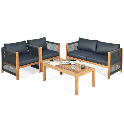 4 Pieces Acacia Wood Outdoor Patio Furniture Set - Gray - Patio Conversation Sets