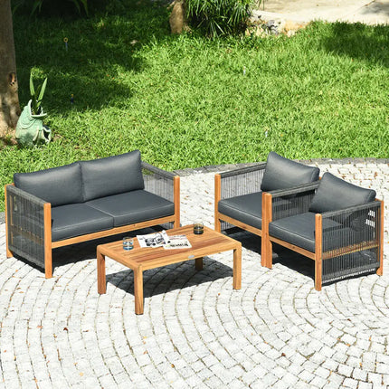 4 Pieces Acacia Wood Outdoor Patio Furniture Set - Gray - Patio Conversation Sets