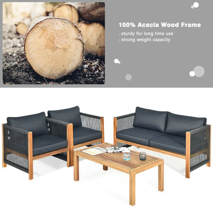 4 Pieces Acacia Wood Outdoor Patio Furniture Set - Gray - Patio Conversation Sets