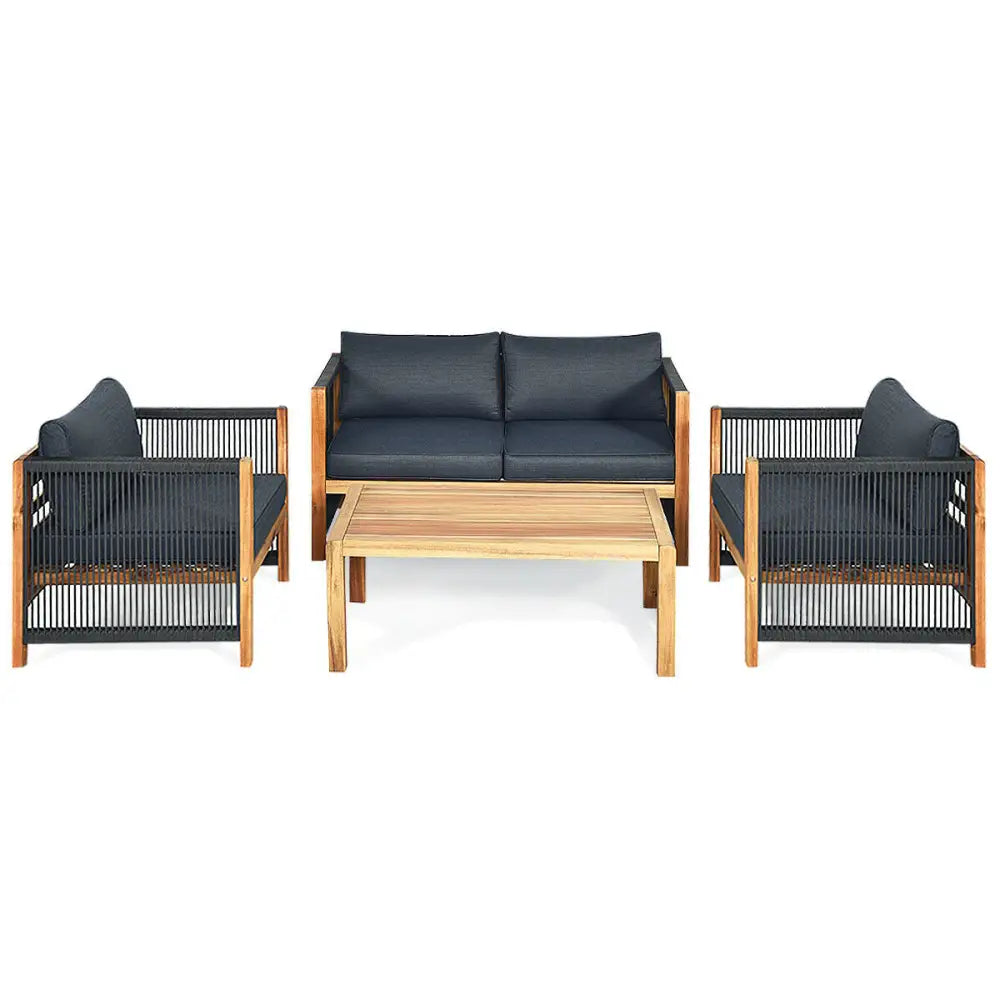 4 Pieces Acacia Wood Outdoor Patio Furniture Set - Gray - Patio Conversation Sets
