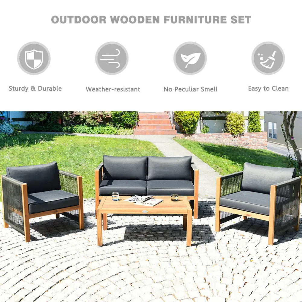 4 Pieces Acacia Wood Outdoor Patio Furniture Set - Gray - Patio Conversation Sets