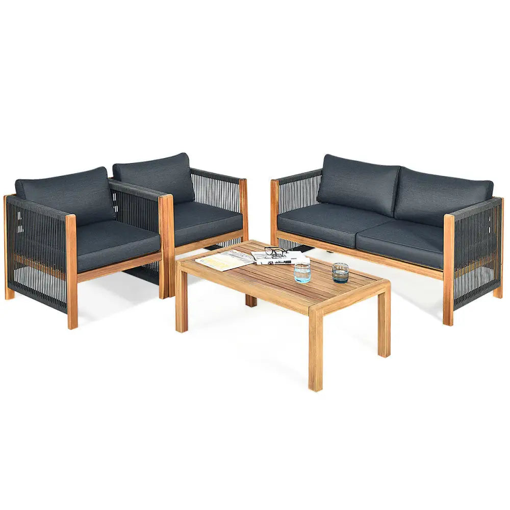 4 Pieces Acacia Wood Outdoor Patio Furniture Set - Gray - Patio Conversation Sets
