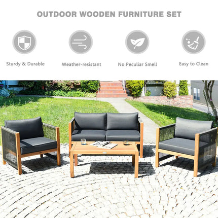 4 Pieces Acacia Wood Outdoor Patio Furniture Set - Gray - Patio Conversation Sets