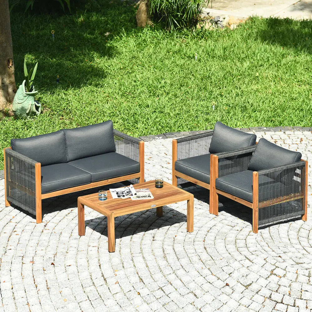4 Pieces Acacia Wood Outdoor Patio Furniture Set - Gray - Patio Conversation Sets