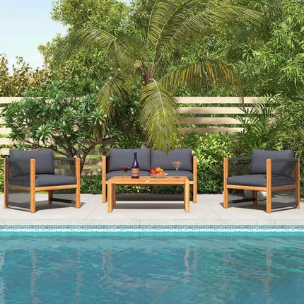 4 Pieces Acacia Wood Outdoor Patio Furniture Set - Gray - Patio Conversation Sets