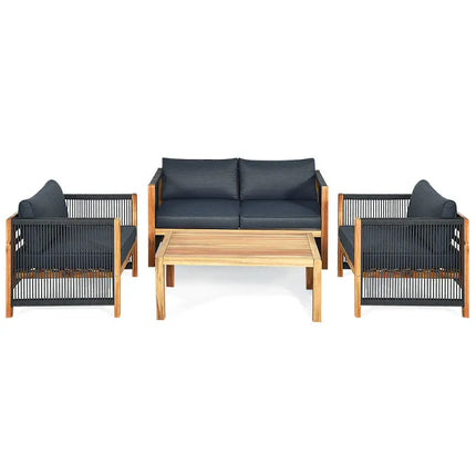 4 Pieces Acacia Wood Outdoor Patio Furniture Set - Gray - Patio Conversation Sets