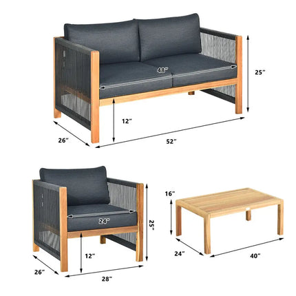 4 Pieces Acacia Wood Outdoor Patio Furniture Set - Gray - Patio Conversation Sets