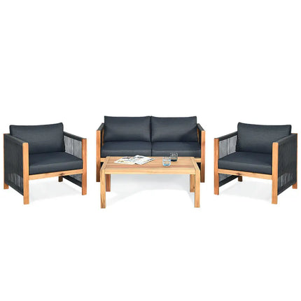 4 Pieces Acacia Wood Outdoor Patio Furniture Set - Gray - Patio Conversation Sets