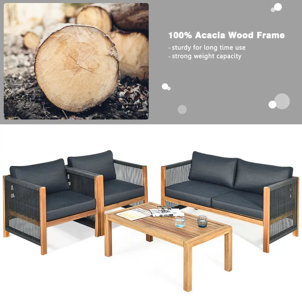 4 Pieces Acacia Wood Outdoor Patio Furniture Set - Gray - Patio Conversation Sets