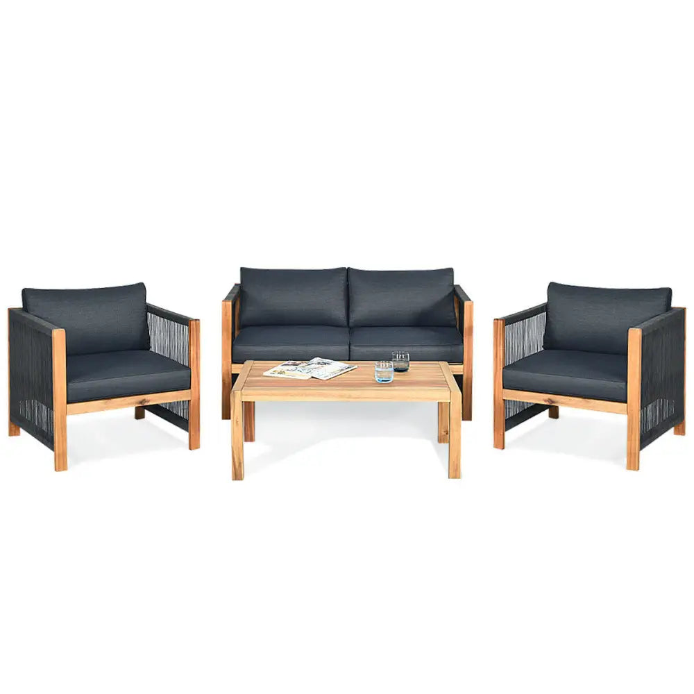 4 Pieces Acacia Wood Outdoor Patio Furniture Set - Gray - Patio Conversation Sets