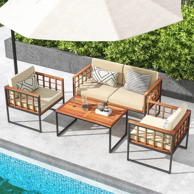 4 Pieces Acacia Wood Outdoor Sofa Set for Balcony Porch Backyard Poolside - Outdoor Sectionals