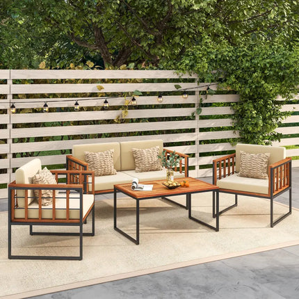 4 Pieces Acacia Wood Outdoor Sofa Set for Balcony Porch Backyard Poolside - Outdoor Sectionals