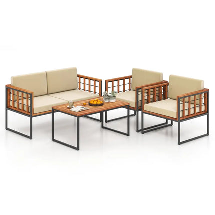 4 Pieces Acacia Wood Outdoor Sofa Set for Balcony Porch Backyard Poolside - Outdoor Sectionals