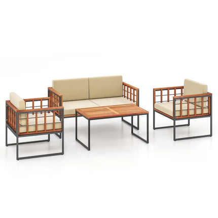 4 Pieces Acacia Wood Outdoor Sofa Set for Balcony Porch Backyard Poolside - Outdoor Sectionals