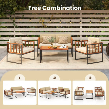 4 Pieces Acacia Wood Outdoor Sofa Set for Balcony Porch Backyard Poolside - Outdoor Sectionals