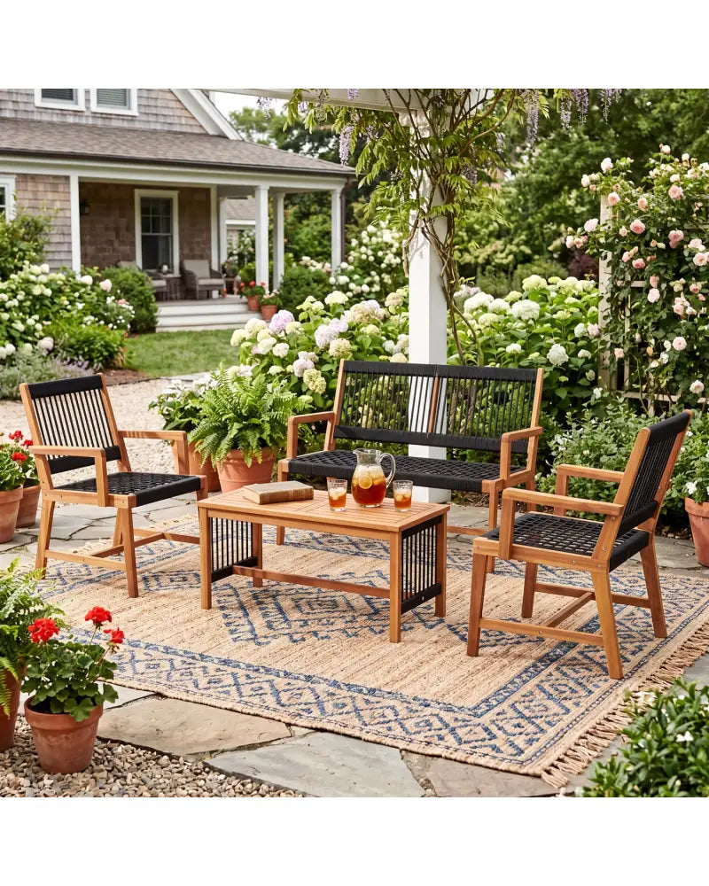 4 Pieces Acacia Wood Patio Conversation Table and Chair Set with Hand Woven Rope - Natural - Patio Conversation Sets