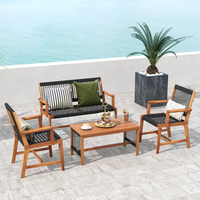 4 Pieces Acacia Wood Patio Conversation Table and Chair Set with Hand Woven Rope - Natural - Patio Conversation Sets