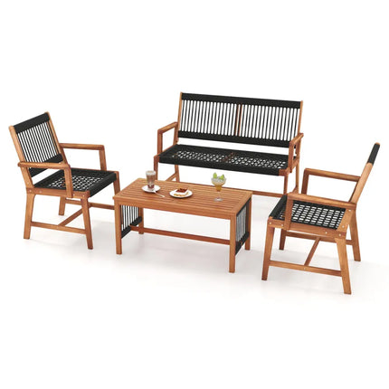 4 Pieces Acacia Wood Patio Conversation Table and Chair Set with Hand Woven Rope - Natural - Patio Conversation Sets