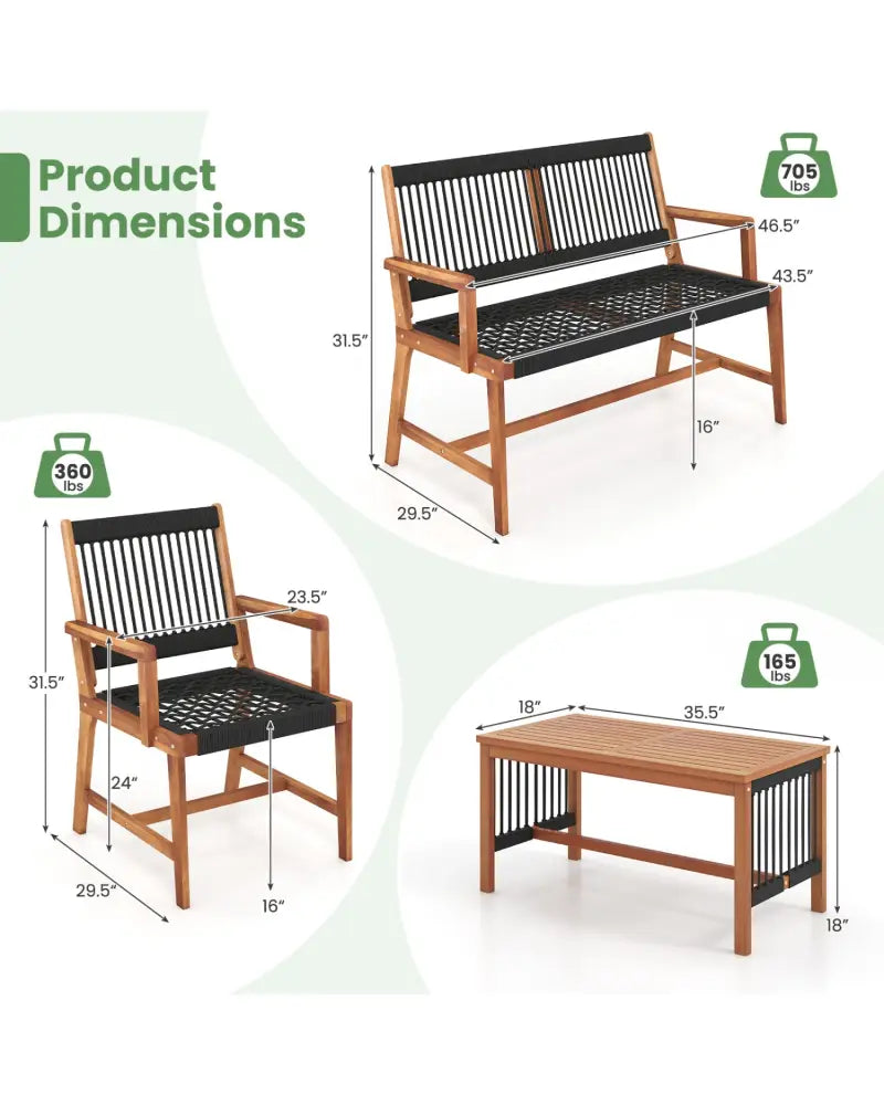 4 Pieces Acacia Wood Patio Conversation Table and Chair Set with Hand Woven Rope - Natural - Patio Conversation Sets