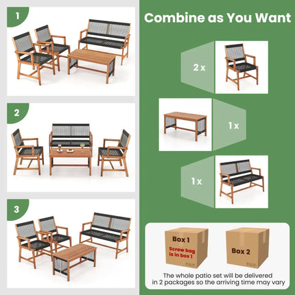 4 Pieces Acacia Wood Patio Conversation Table and Chair Set with Hand Woven Rope - Natural - Patio Conversation Sets