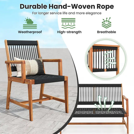 4 Pieces Acacia Wood Patio Conversation Table and Chair Set with Hand Woven Rope - Natural - Patio Conversation Sets