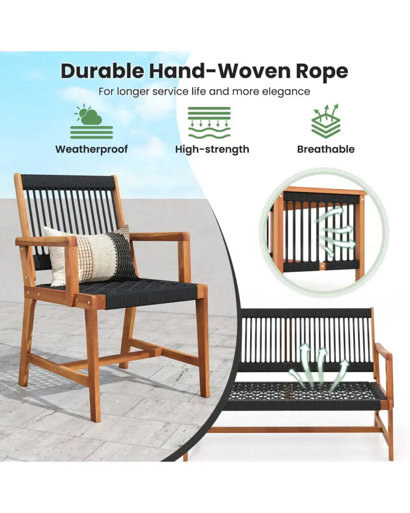 4 Pieces Acacia Wood Patio Conversation Table and Chair Set with Hand Woven Rope - Natural - Patio Conversation Sets