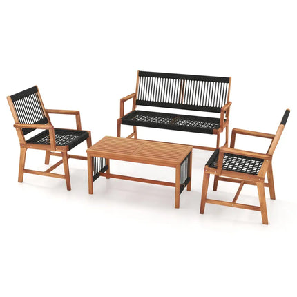 4 Pieces Acacia Wood Patio Conversation Table and Chair Set with Hand Woven Rope - Natural - Patio Conversation Sets