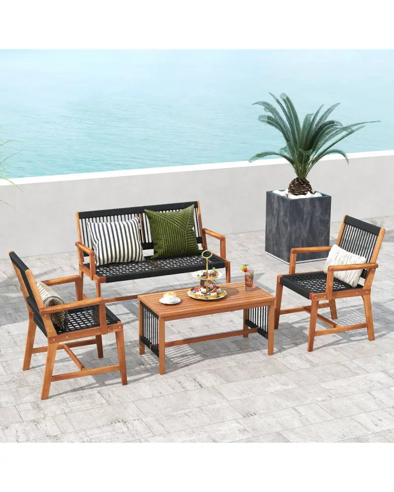 4 Pieces Acacia Wood Patio Conversation Table and Chair Set with Hand Woven Rope - Natural - Patio Conversation Sets