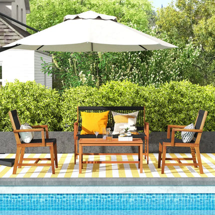 4 Pieces Acacia Wood Patio Conversation Table and Chair Set with Hand Woven Rope - Natural - Patio Conversation Sets