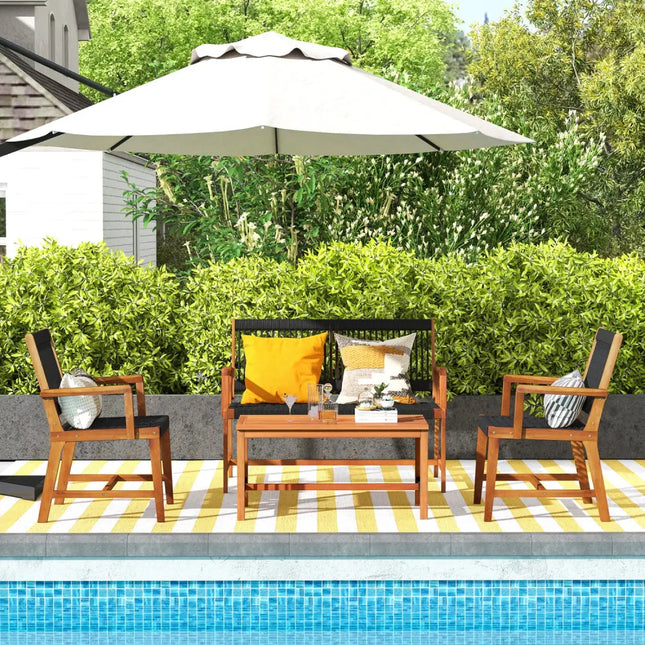 4 Pieces Acacia Wood Patio Conversation Table and Chair Set with Hand Woven Rope - Natural - Patio Conversation Sets