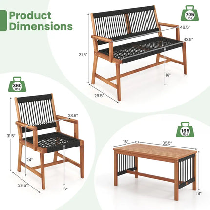 4 Pieces Acacia Wood Patio Conversation Table and Chair Set with Hand Woven Rope - Natural - Patio Conversation Sets