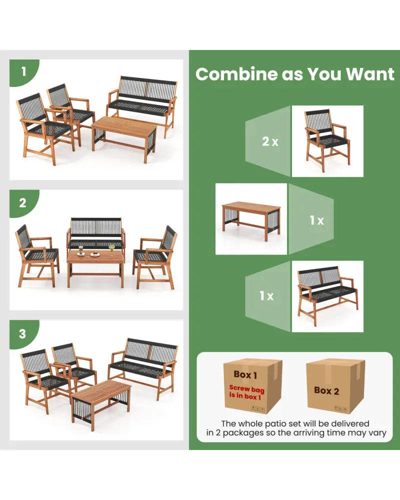 4 Pieces Acacia Wood Patio Conversation Table and Chair Set with Hand Woven Rope - Natural - Patio Conversation Sets