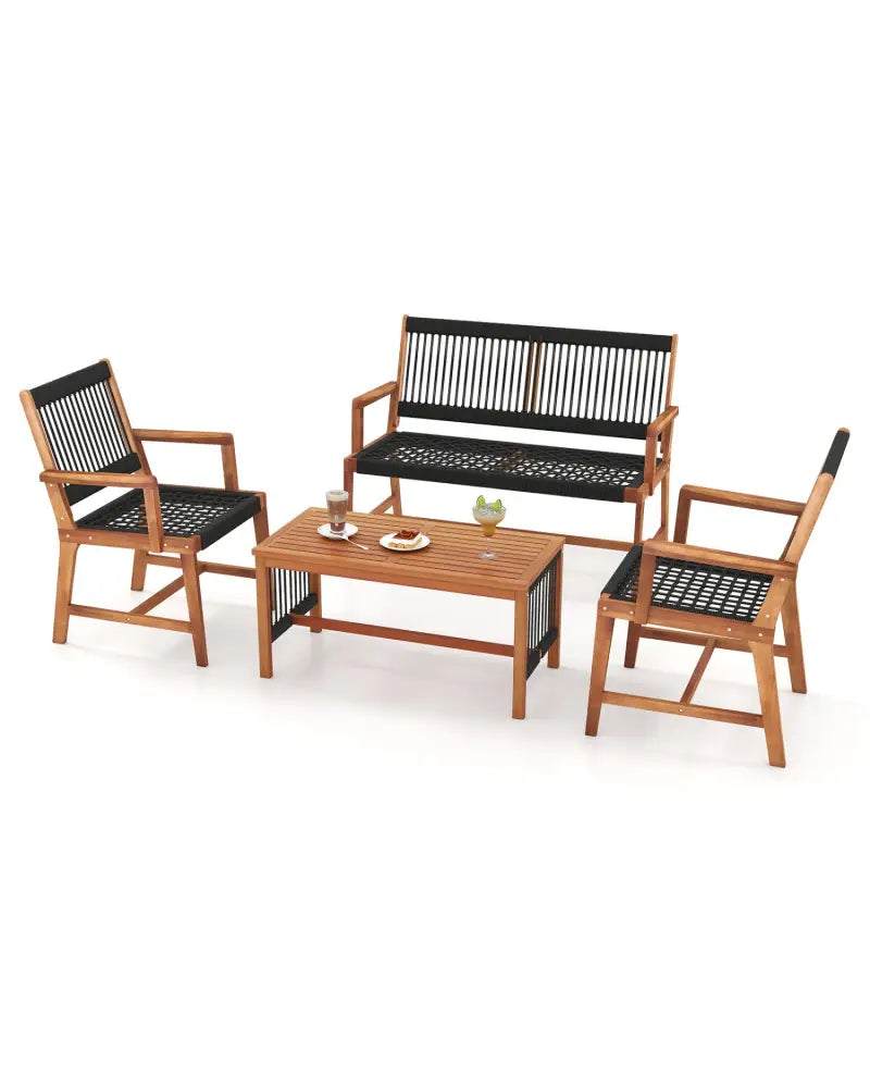 4 Pieces Acacia Wood Patio Conversation Table and Chair Set with Hand Woven Rope - Natural - Patio Conversation Sets