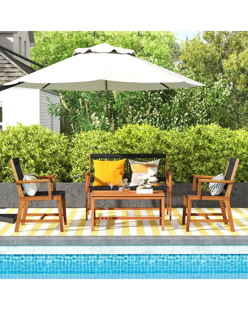 4 Pieces Acacia Wood Patio Conversation Table and Chair Set with Hand Woven Rope - Natural - Patio Conversation Sets