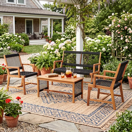 4 Pieces Acacia Wood Patio Conversation Table and Chair Set with Hand Woven Rope - Natural - Patio Conversation Sets