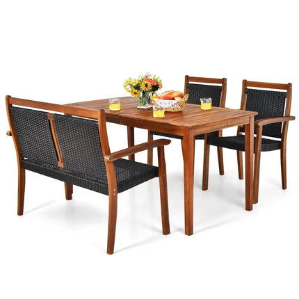 4 Pieces Acacia Wood Patio Rattan Dining Furniture Set - Brown - Patio Dining Sets