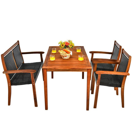 4 Pieces Acacia Wood Patio Rattan Dining Furniture Set - Brown - Patio Dining Sets