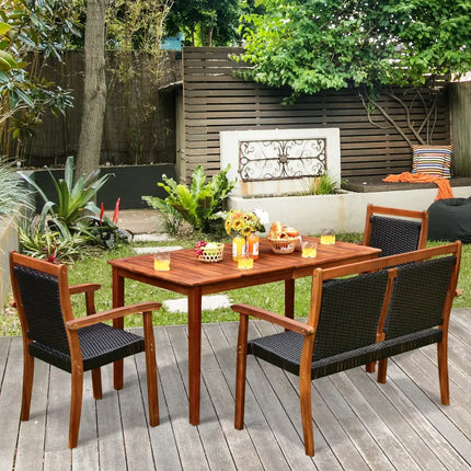 4 Pieces Acacia Wood Patio Rattan Dining Furniture Set - Brown - Patio Dining Sets