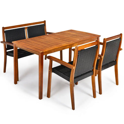 4 Pieces Acacia Wood Patio Rattan Dining Furniture Set - Brown - Patio Dining Sets