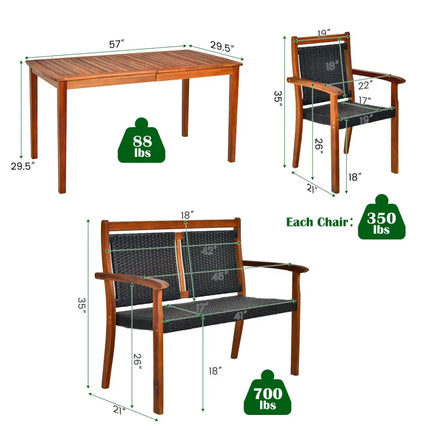 4 Pieces Acacia Wood Patio Rattan Dining Furniture Set - Brown - Patio Dining Sets