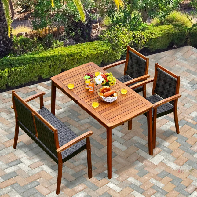 4 Pieces Acacia Wood Patio Rattan Dining Furniture Set - Brown - Patio Dining Sets