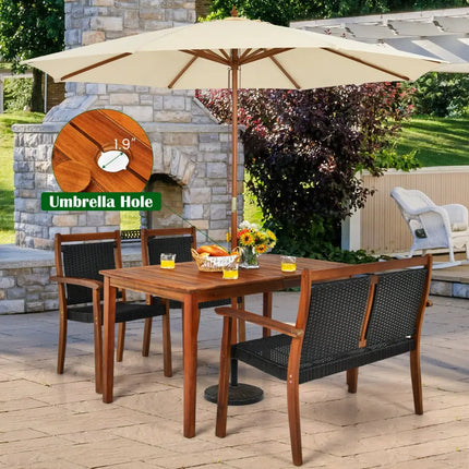 4 Pieces Acacia Wood Patio Rattan Dining Furniture Set - Brown - Patio Dining Sets